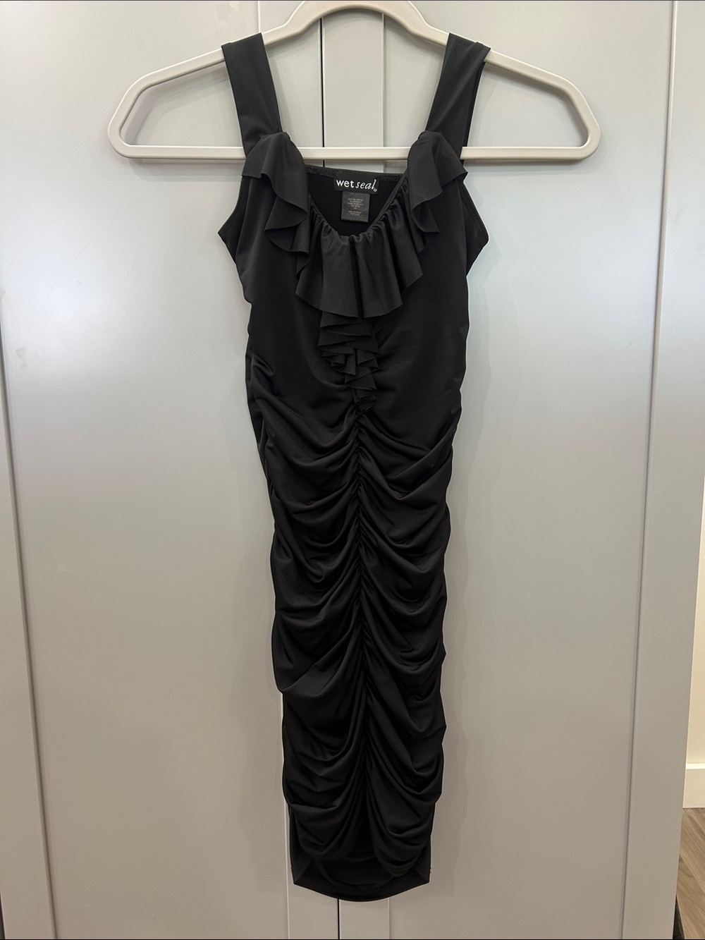 Vintage Y2K Wet Seal Black Ruched Ruffle Bodycon Mini Dress XS
